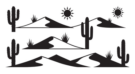 Desert landscape with cacti and mountains vector illustration in black and white © Shamim