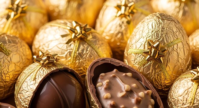 Golden Egg Delights: An enticing array of golden wrapped eggs, promising sweet indulgence and Easter joy, perfect for holiday-themed concepts.