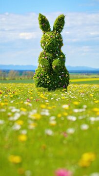 Bunny-shaped floral topiary in colorful spring field, Easter garden decoration, vibrant meadow landscape, festive springtime ambiance, Easter outdoor celebration, seasonal floral display