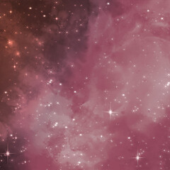Deep space nebula with swirling pink and purple clouds and shimmering star clusters creating cosmic fantasy background © Aziz