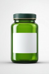 Fototapeta premium A green glass jar with a gold lid and empty white label serving as a cosmetic packaging mockup for skincare branding and product design