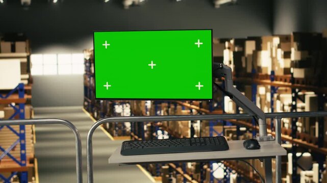 Isolated mockup screen in empty fulfillment center warehouse, platform surrounded by cardboard boxes and storage racks. PC monitor ideal for tracking info and airway bill details, supply chain.