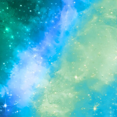 Magical outer space background with shimmering stars and colorful nebulae, vibrant teal and blue galaxy, cosmic illustration © Aziz