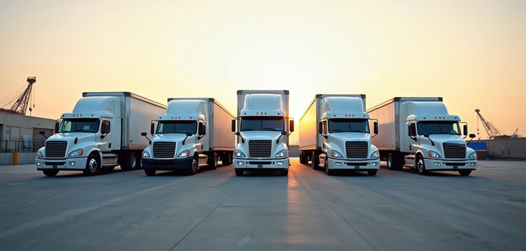 Five white semi trucks wait in a parking lot at sunset. The fleet is ready for global freight delivery. Commercial vehicles form a logistics line.