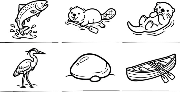 Line art icon set showing jumping trout, beaver paddling, otter floating, heron wading, river rock and wooden rowboat side view