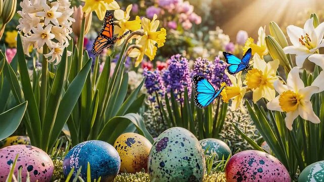 Vibrant Easter day scene with eggs and butterflies amidst blooming flowers in a lush garden, captured in a close-up video 0309(19).mp4