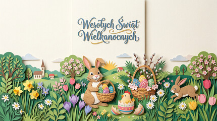 Kartka Wielkanocna wykonana techniką wielkowarstwowego papieru. Wycinanki przedstawiają symbole Wielkanocne.