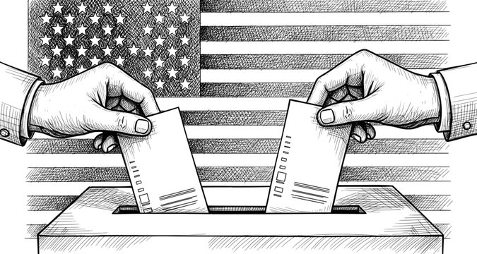 Voting hands putting ballots into box with American flag sketch
