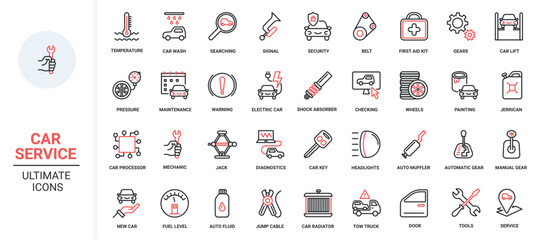 Care and maintenance technology for car including computer diagnostics, charge battery of electric vehicle, and check air pressure in tyres. Trendy red black thin line icons set vector illustration.