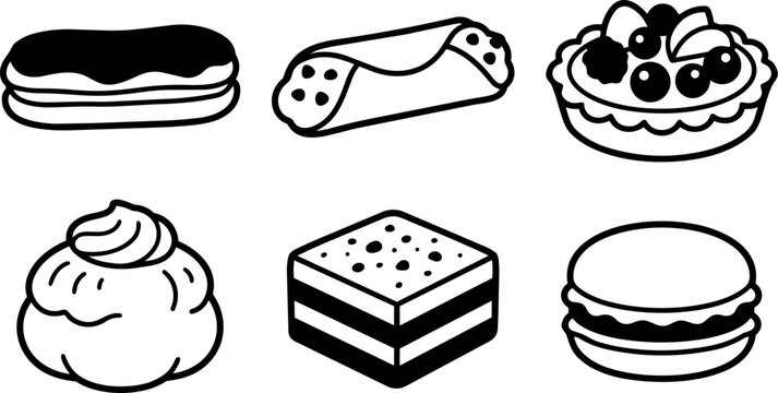 Flat design front view pastry icon set featuring eclair cannoli fruit tart cream puff layer cake and macaron in monochrome