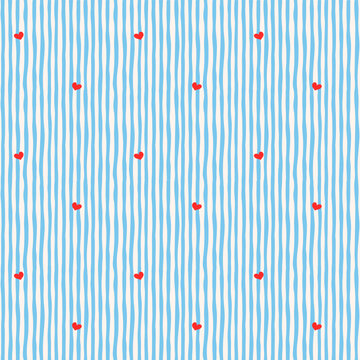 Hand drawn red mini hearts on baby blue vertical stripes whimsical seamless pattern