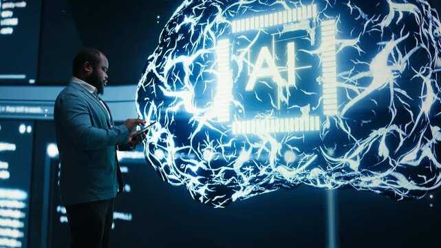 Enforcing artificial intelligence guardrails, neural network and programmer, AI governance concept. Limiting AI autonomy, algorithmic system and African american man providing human oversight,camera A