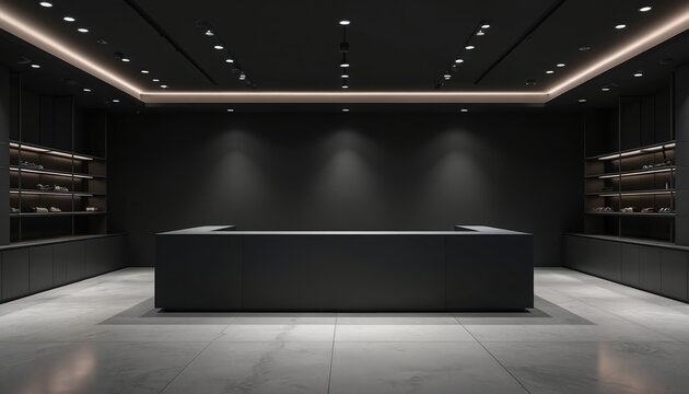 Modern dark empty retail store with sleek concrete floor. Minimalist design features shelves with shoes and a central counter. Clean, contemporary shop interior.