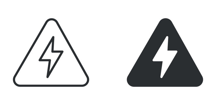 High voltage warning icon set, electric danger lightning hazard symbol, outline and solid silhouette style. Vector illustration.