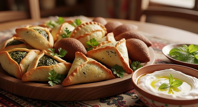 traditional middle eastern savory pastries like fatayer and kibbeh served with labneh and fresh herbs.