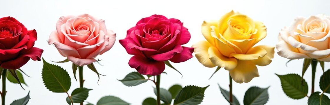 Various colored roses red pink yellow cream and white are displayed side by side against a clean white backdrop. These beautiful blooms represent different emotions and occasions.
