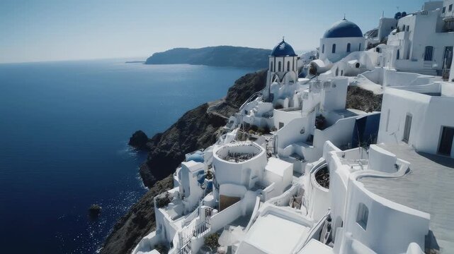 FPV Glide Along Santorini White Cliffside Architecture