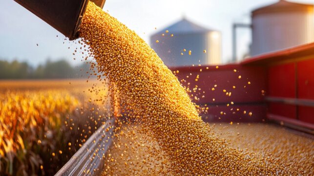 Corn Harvest Pouring from Combine into Transport Vehicle