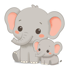 Cute Kawaii Elephant Mother and Baby Calf Vector Illustration for Mother's Day and Father's Day