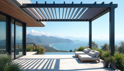 Fototapeta premium Modern house patio with mountain and ocean view. Infinity pool and lounge chairs overlook serene bay. Contemporary architecture offers peaceful luxury vacation spot.