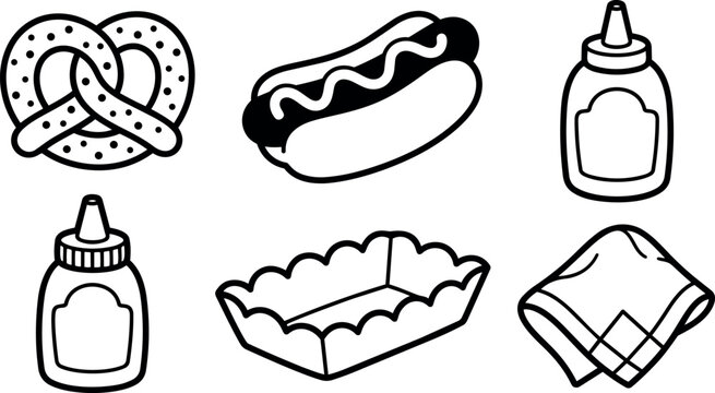 Minimalist line art icon set showing pretzel hot dog mustard tray and napkin in bold outline picnic collection black stroke