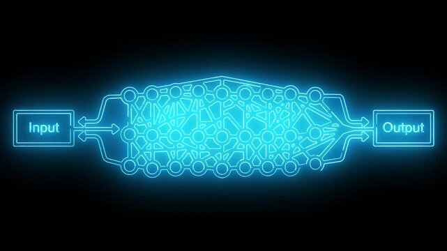 Neon-lit network diagram with input and output labels on a black background, showcasing interconnected nodes and lines in blue.