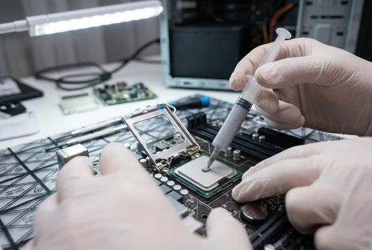 Technician hands wearing gloves applying thermal paste from a syringe onto a computer CPU