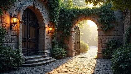 Fototapeta premium Stone gateway with ivy overgrown walls and cobblestone path. Warm lanterns light up grand entrance and garden pathway in morning sun. Old architecture evokes charm and mystery.