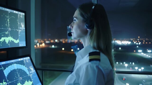 Nighttime air traffic control at an airport with a focus on a female controller managing flights