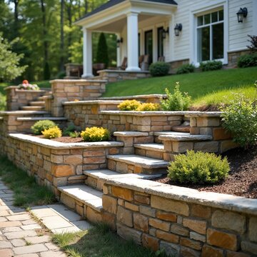 Tiered stone staircase ascends a grassy slope beside a modern home. Beige and brown gneiss blocks form retaining walls for garden beds with yellow shrubs. Paved path leads up to house entrance.