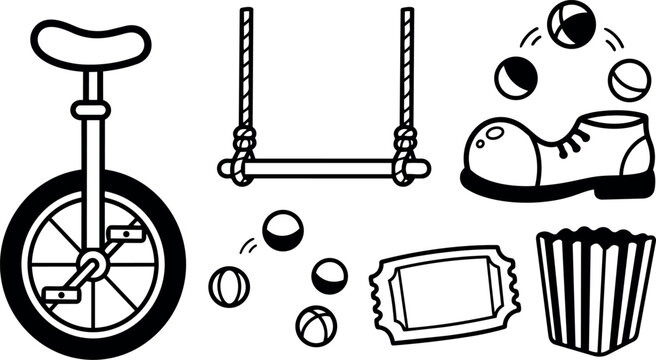 Line art vector set close up circus props unicycle swing juggling balls clown shoe popcorn ticket playful flat design contrast