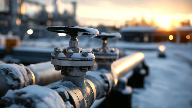Snow-covered industrial pipelines valves and refinery, defocused gas processing plant during cold winter sunset, energy infrastructure in harsh conditions, with copy space