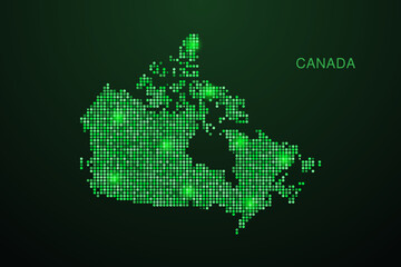 Naklejka premium Canada Map - Digital dotted map with glowing green points on dark background, modern technology style, abstract data network design, clean minimal geometric vector illustration.