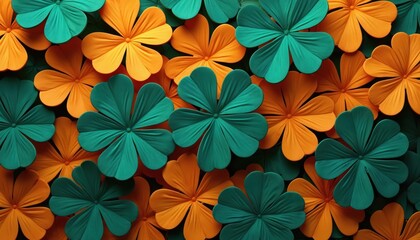 Obraz premium Abstract pattern of orange and teal four leaf clover shapes. Geometric arrangement creates repeating floral texture. Good for backgrounds web design.
