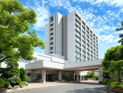 青空の下にそびえ立つ白い外観の都会的な高層ホテルと緑豊かな庭園が広がる正面入り口