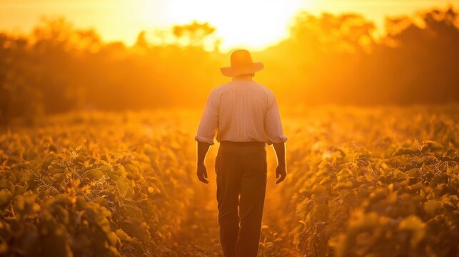 Farmer walking through a sunlit field at golden hour