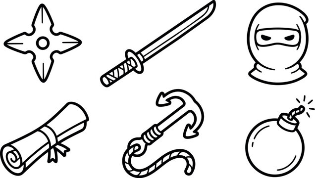 Line art icon set close up ninja weapons shuriken katana masked ninja scroll grappling hook and bomb isolated bold outline vector