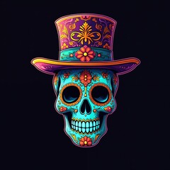 Fototapeta premium Sugar skull with ornate top hat, decorated with floral patterns and bright colors. Traditional Dia de los Muertos artwork. Festive Mexican holiday symbol.