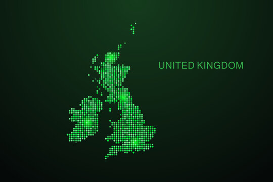 United Kingdom Map - Digital dotted map with glowing green points on dark background, modern technology style, abstract data network design, clean minimal geometric vector illustration.