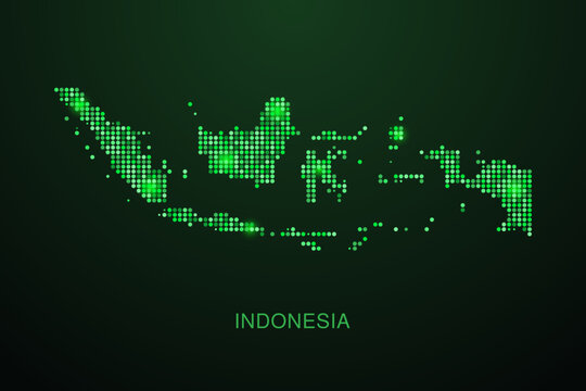 Indonesia Map - Digital dotted map with glowing green points on dark background, modern technology style, abstract data network design, clean minimal geometric vector illustration.