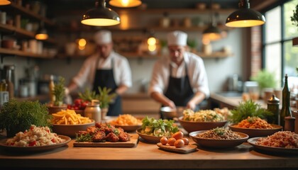 Obraz premium Chefs work in warm restaurant kitchen. Table display has fresh prepared food like fried chicken salads and rice. Ingredients herbs and eggs ready for cooking.