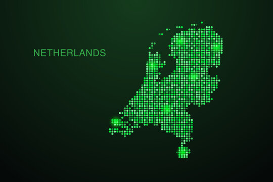 Netherlands Map - Digital dotted map with glowing green points on dark background, modern technology style, abstract data network design, clean minimal geometric vector illustration.