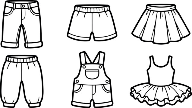Line art icon set six childrens clothing items front view isolated black outline shorts skirt overalls pants tutu swimsuit vector