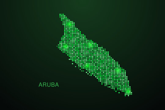 Aruba Map - Digital dotted map with glowing green points on dark background, modern technology style, abstract data network design, clean minimal geometric vector illustration.