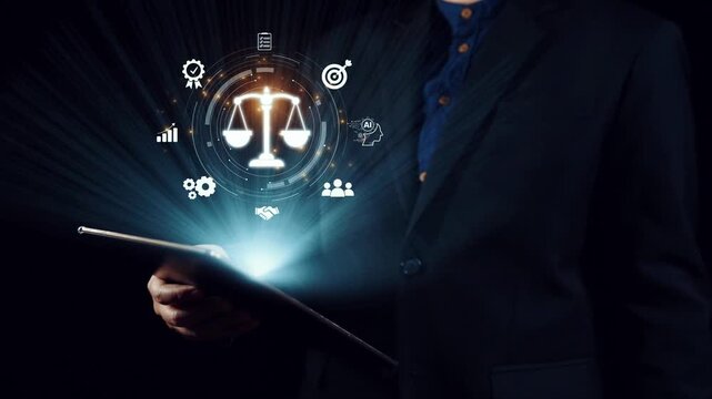 Futuristic digital law interface displaying justice scale, highlighting digital law, AI compliance, digital law systems, and digital law regulations for secure governance. Elide