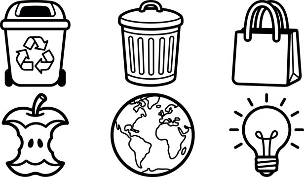 Line art outline icon set showing recycling bin and trash can with reusable bag, apple core, earth globe and lightbulb