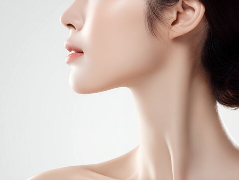 美しく整った横顔のラインと滑らかで透明感のある肌が印象的なエステや美容イメージの女性