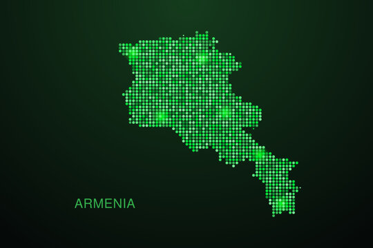 Armenia Map - Digital dotted map with glowing green points on dark background, modern technology style, abstract data network design, clean minimal geometric vector illustration.