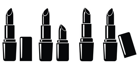 Obraz premium Lipstick silhouette icons, cosmetic packaging design, beauty product vector, makeup essentials, black graphic illustration, flat vector illustration, minimal style