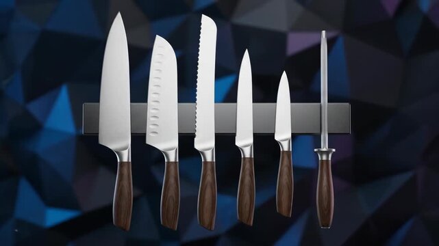 Kitchen Knife Set on Magnetic Strip with Abstract Geometric Background 3D Render